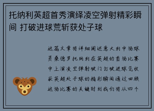 托纳利英超首秀演绎凌空弹射精彩瞬间 打破进球荒斩获处子球