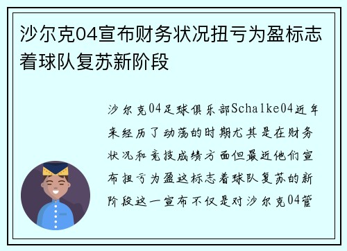 沙尔克04宣布财务状况扭亏为盈标志着球队复苏新阶段 沙尔克04宣布财务状况扭亏为盈标志着球队复苏新阶段